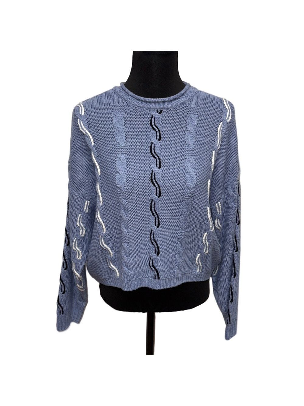 NWT 525 America Peri Multi Cable Knit Cropped Sweater Blue Black White Small